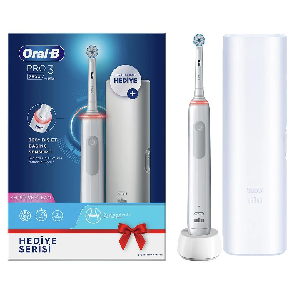 Oral B Pro 3 3500 Serisi Şarjlı Diş Fırçası (Beyaz) + Seyahat Kabı Hediyeli